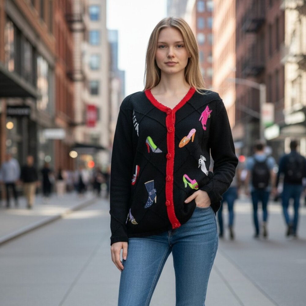 Vintage Berek Black Cardigan Sweater with Shoes and High Heels Size XL